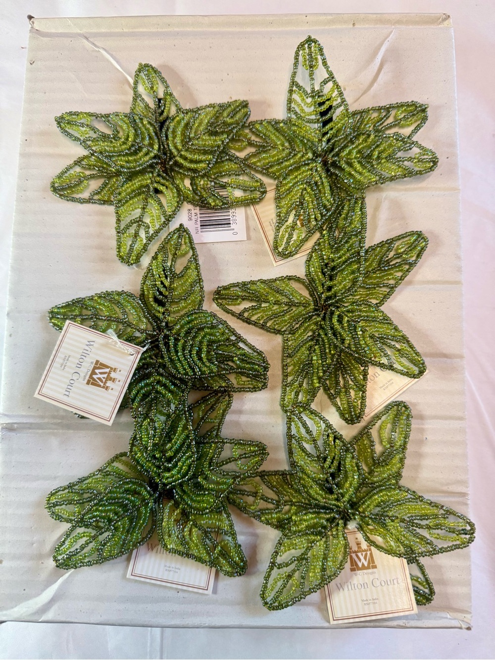 Wilton Court Green Beaded Leaf Napkin Rings - Set of 6